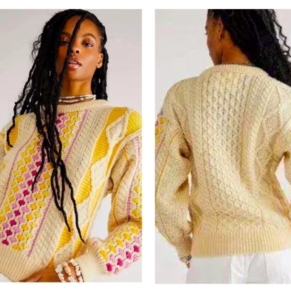 Free People X Mad Brown Knitwear Recycled Sweater/Jumper Cream/Pink/Yellow SZ OS - Picture 1 of 15